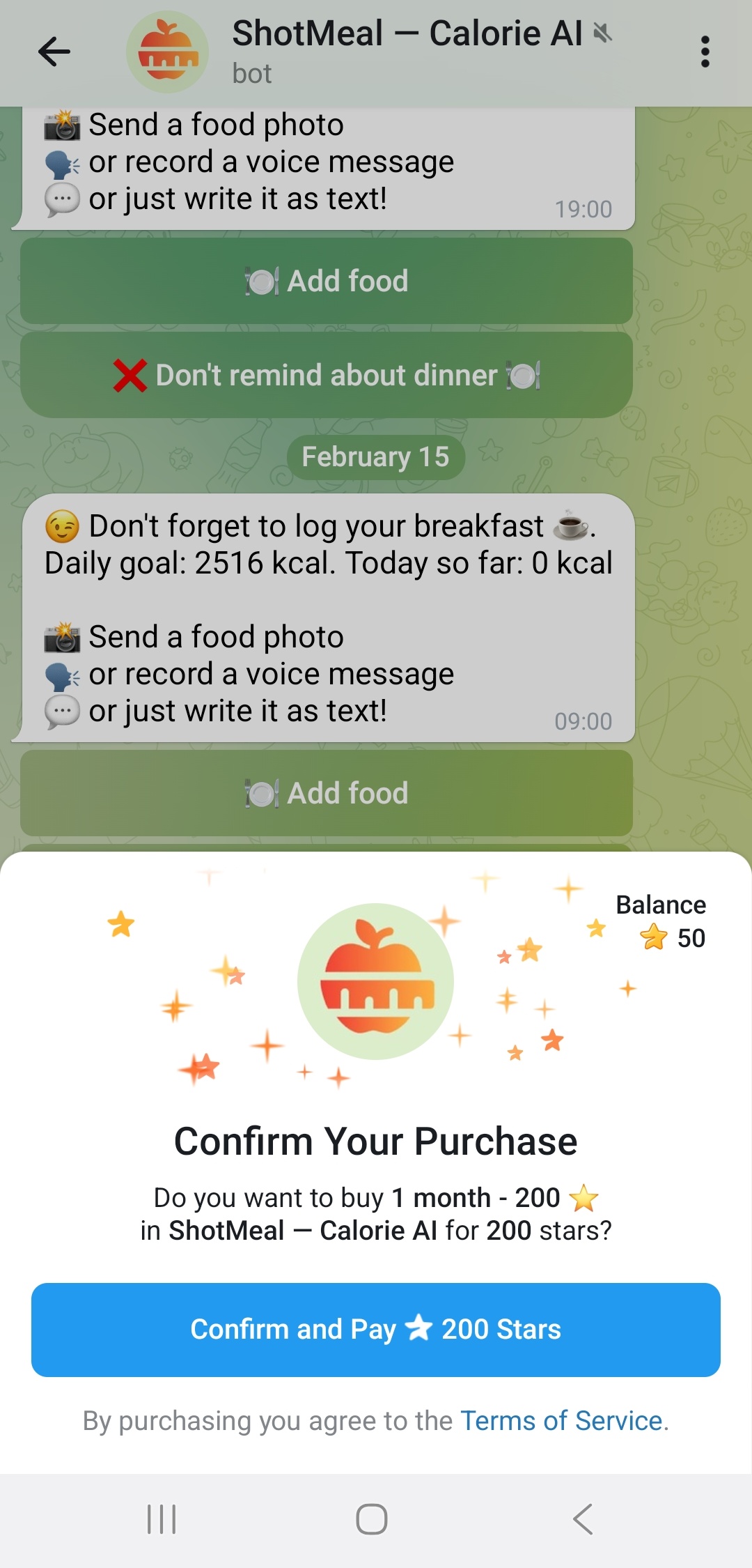 Pay for ShotMeal subscription