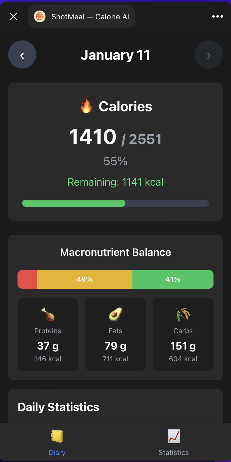 Detailed food diary with macro statistics