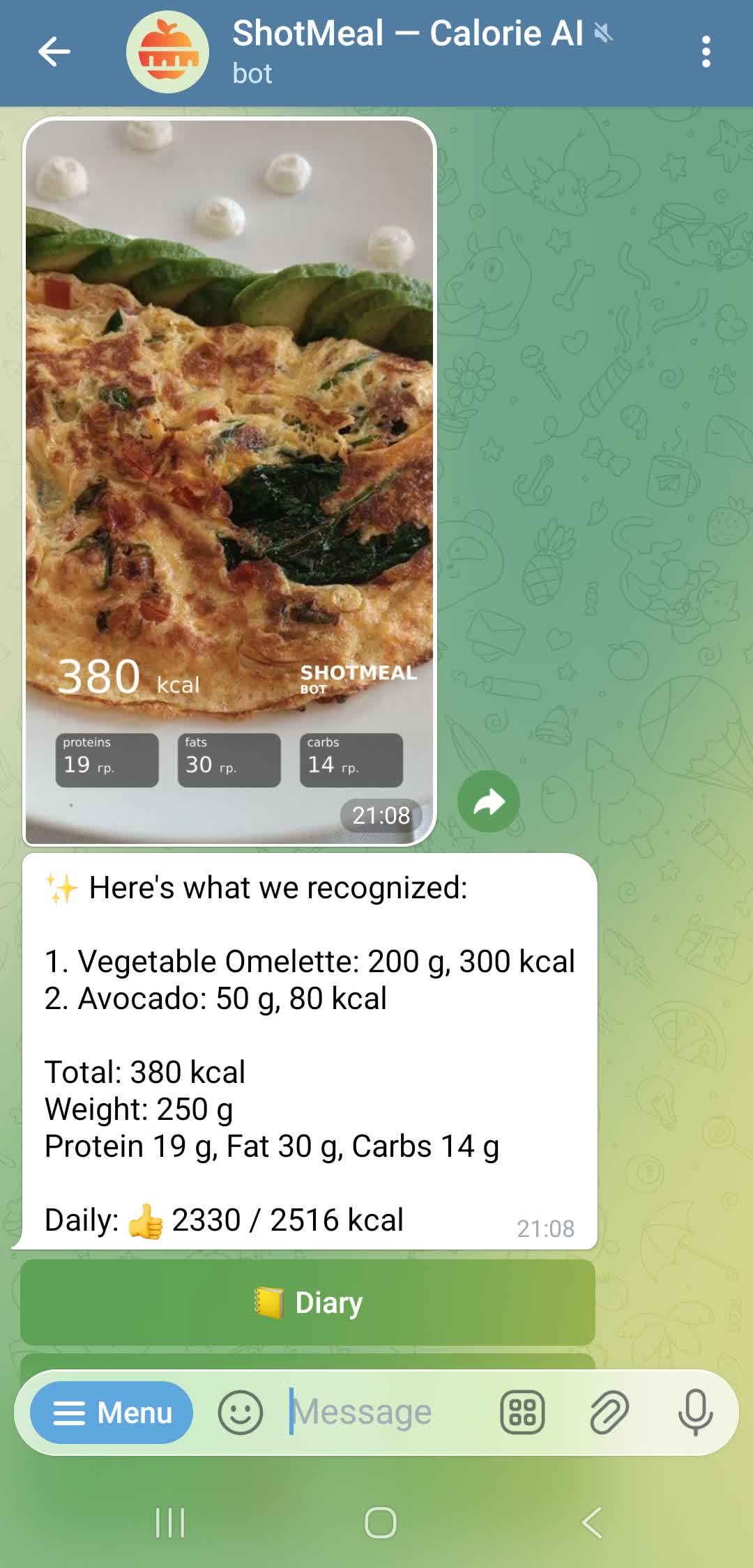 Calorie recognition from photo in ShotMeal Telegram bot