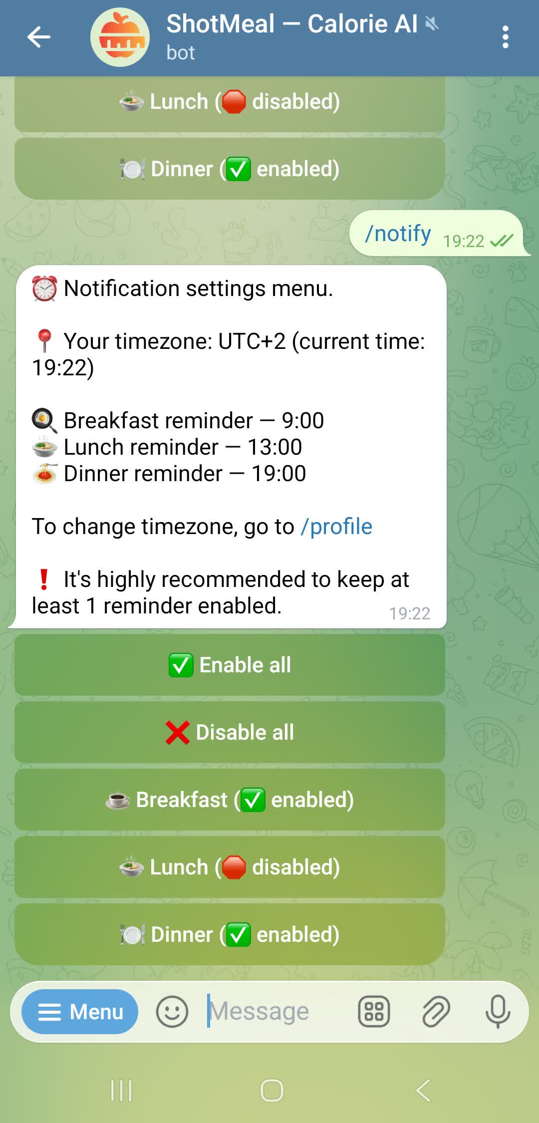 Meal reminder settings