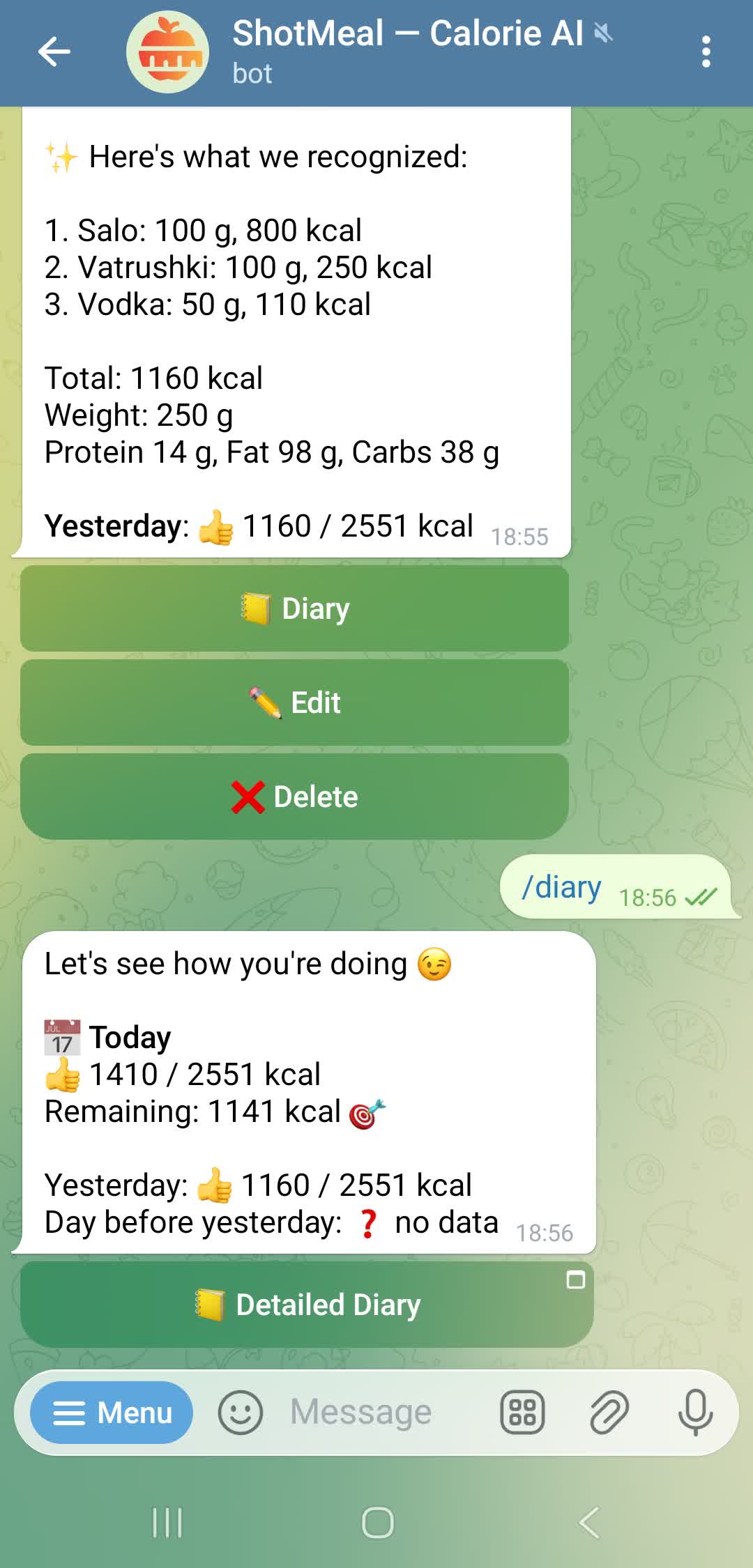 Quick food diary - view daily calories