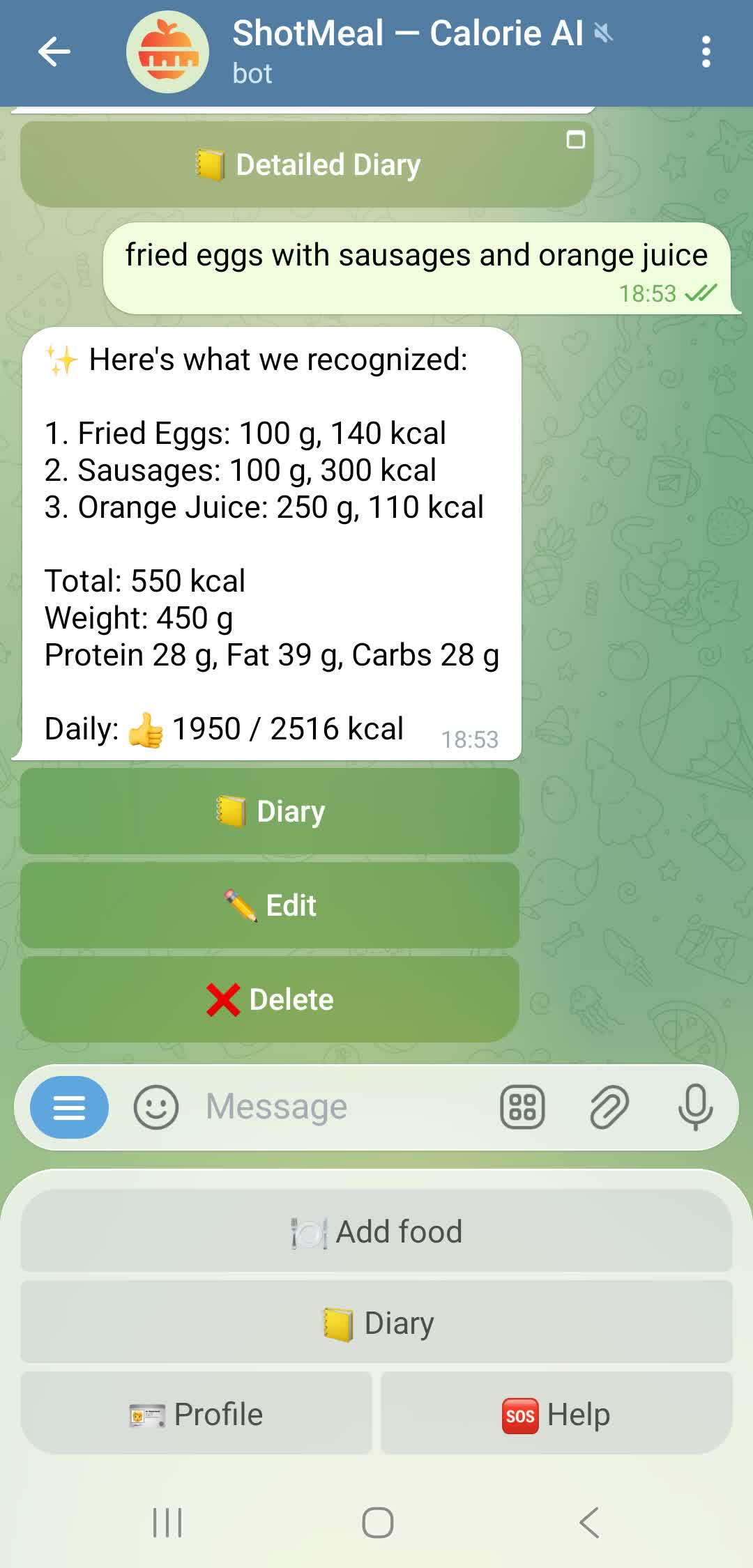 Calorie recognition from text food description