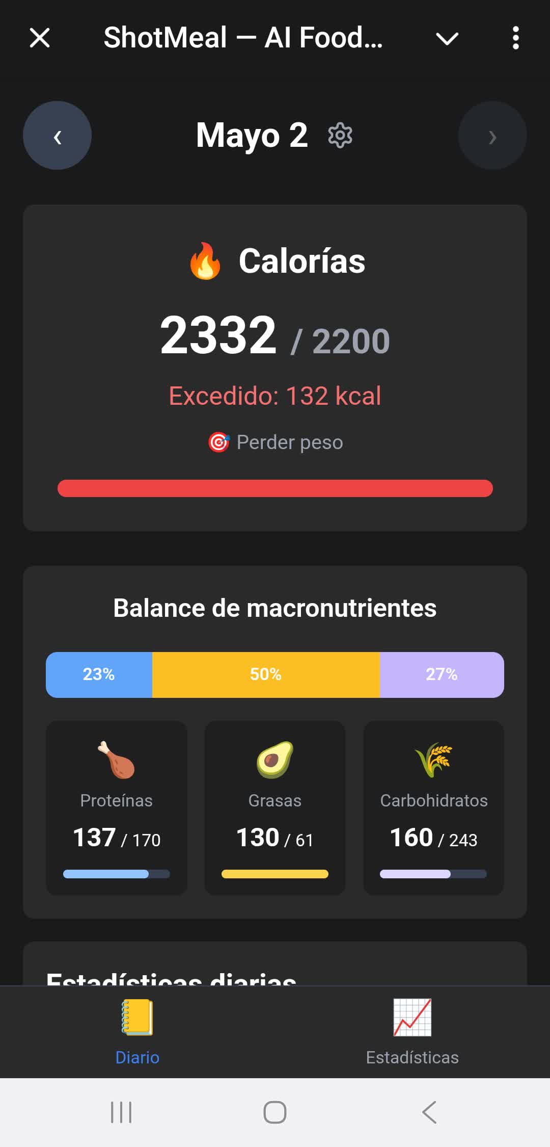 Diario detallado de alimentacion con estadisticas de macros