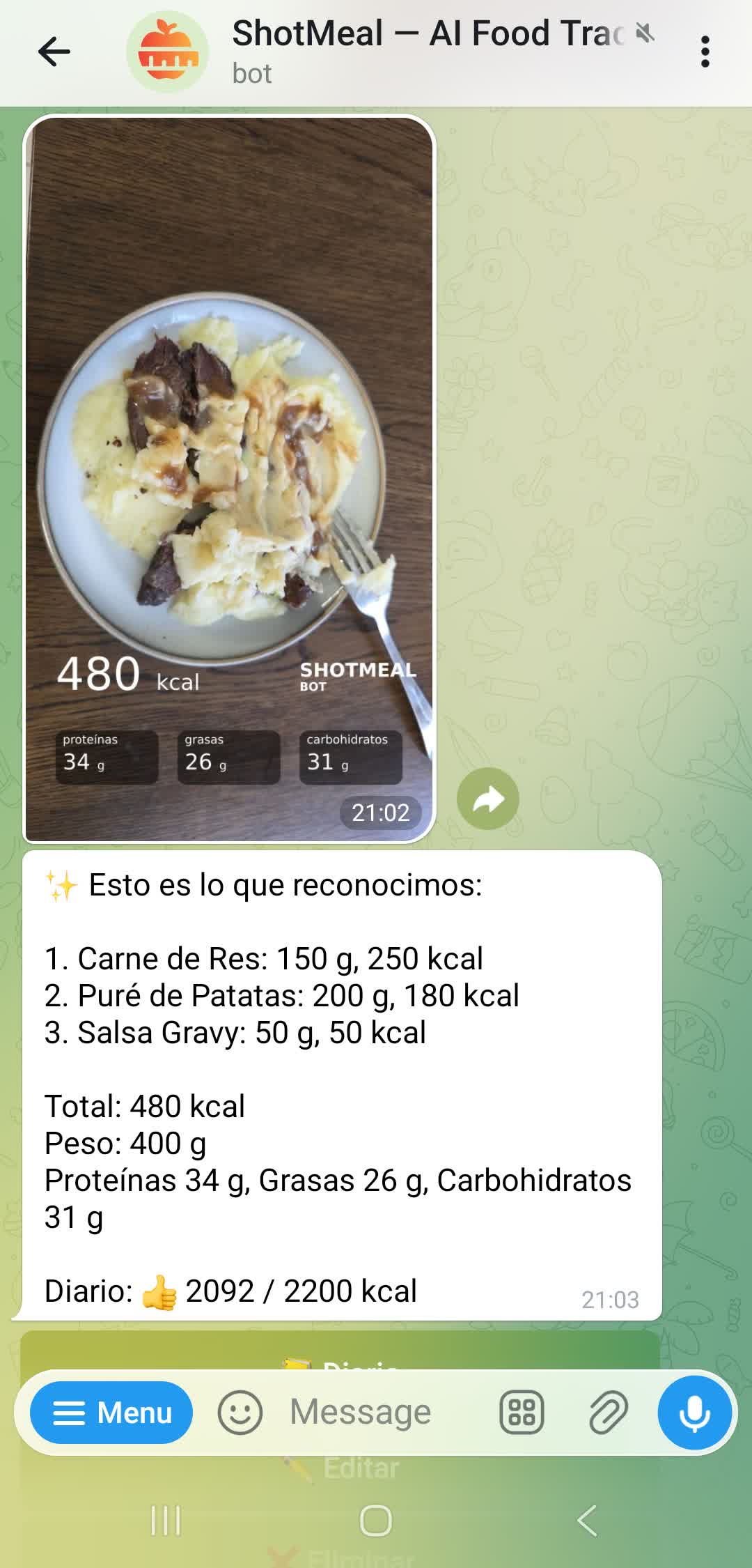Reconocimiento de calorias por foto en el bot de Telegram ShotMeal