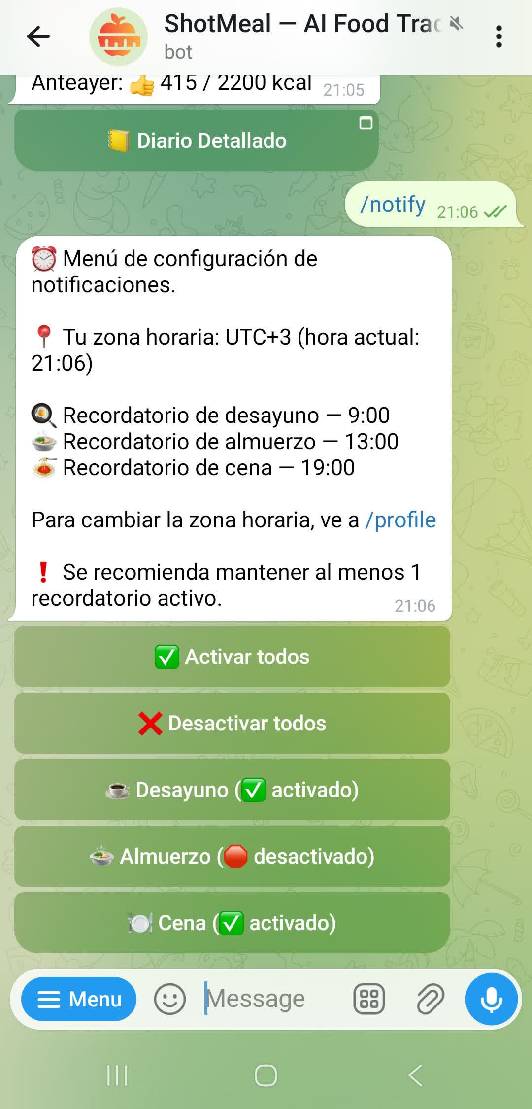 Configuracion de recordatorios de comidas