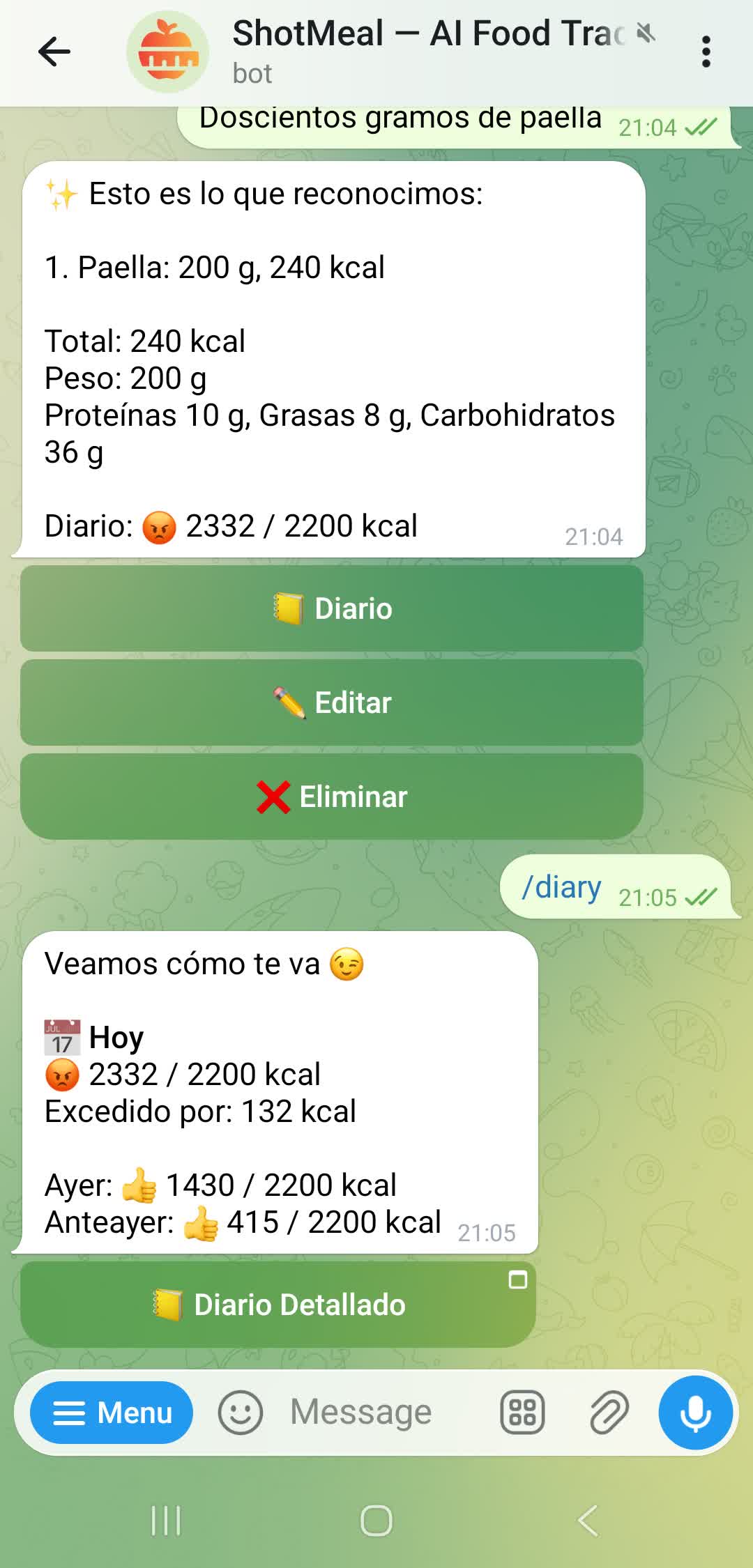 Diario rapido de alimentacion — ver calorias del dia