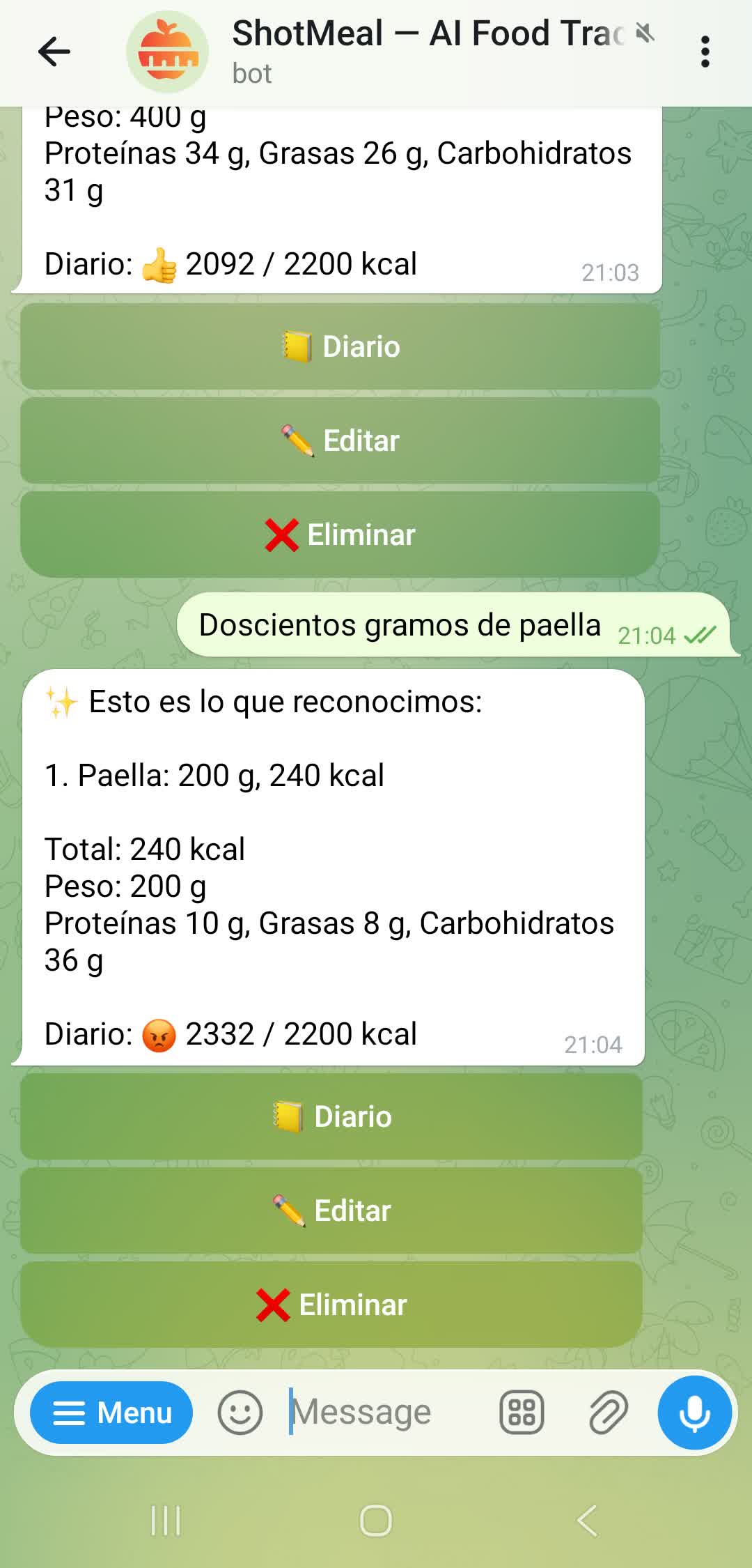 Reconocimiento de calorias por descripcion de texto