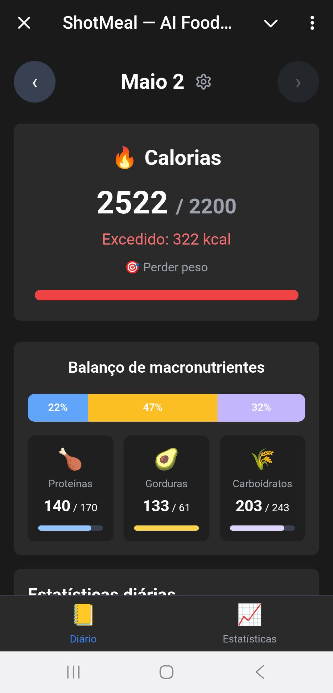 Diario alimentar detalhado com estatisticas de macros
