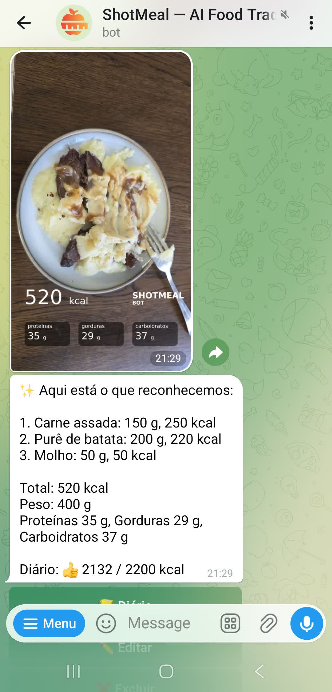Reconhecimento de calorias por foto no bot ShotMeal do Telegram