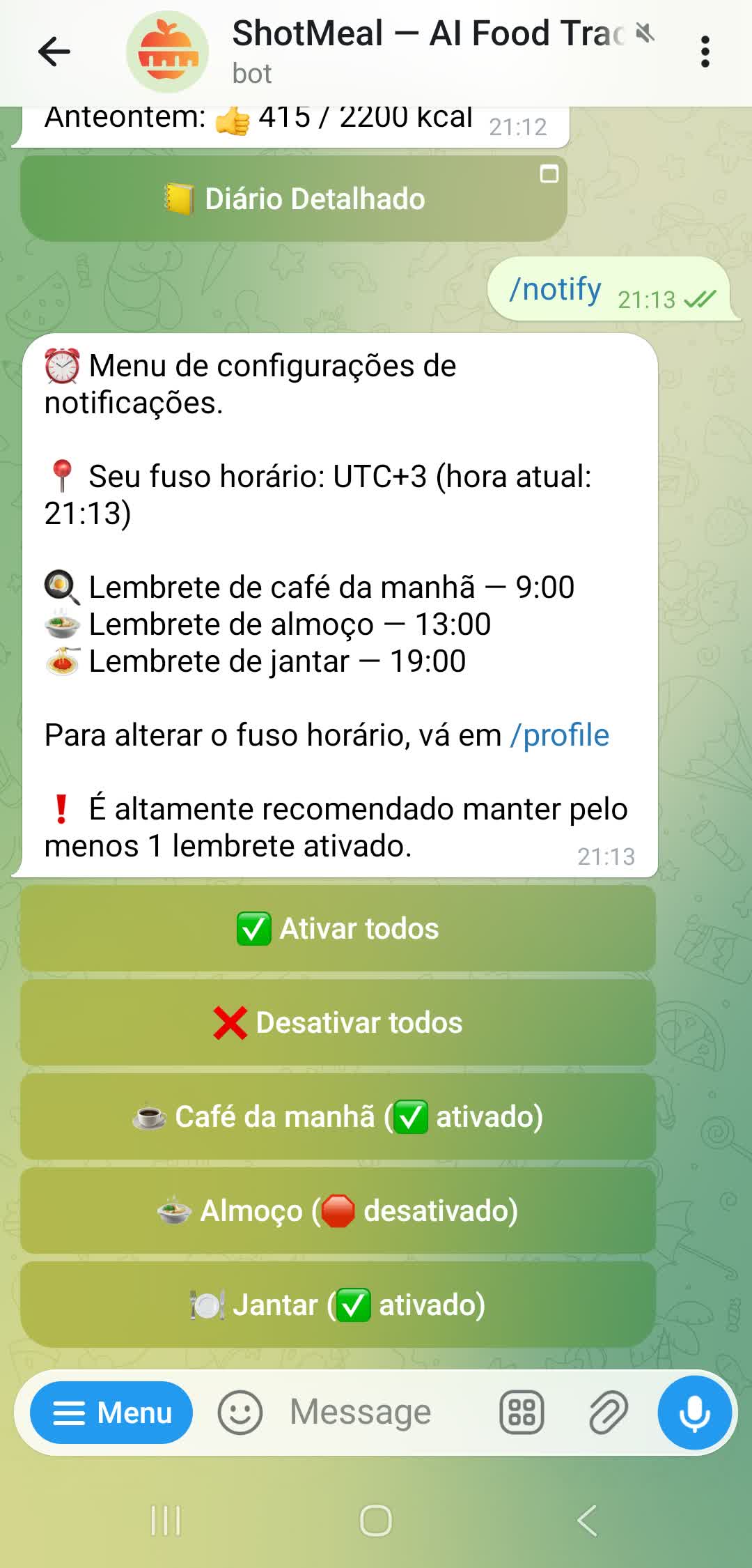 Configuracao de lembretes de refeicoes