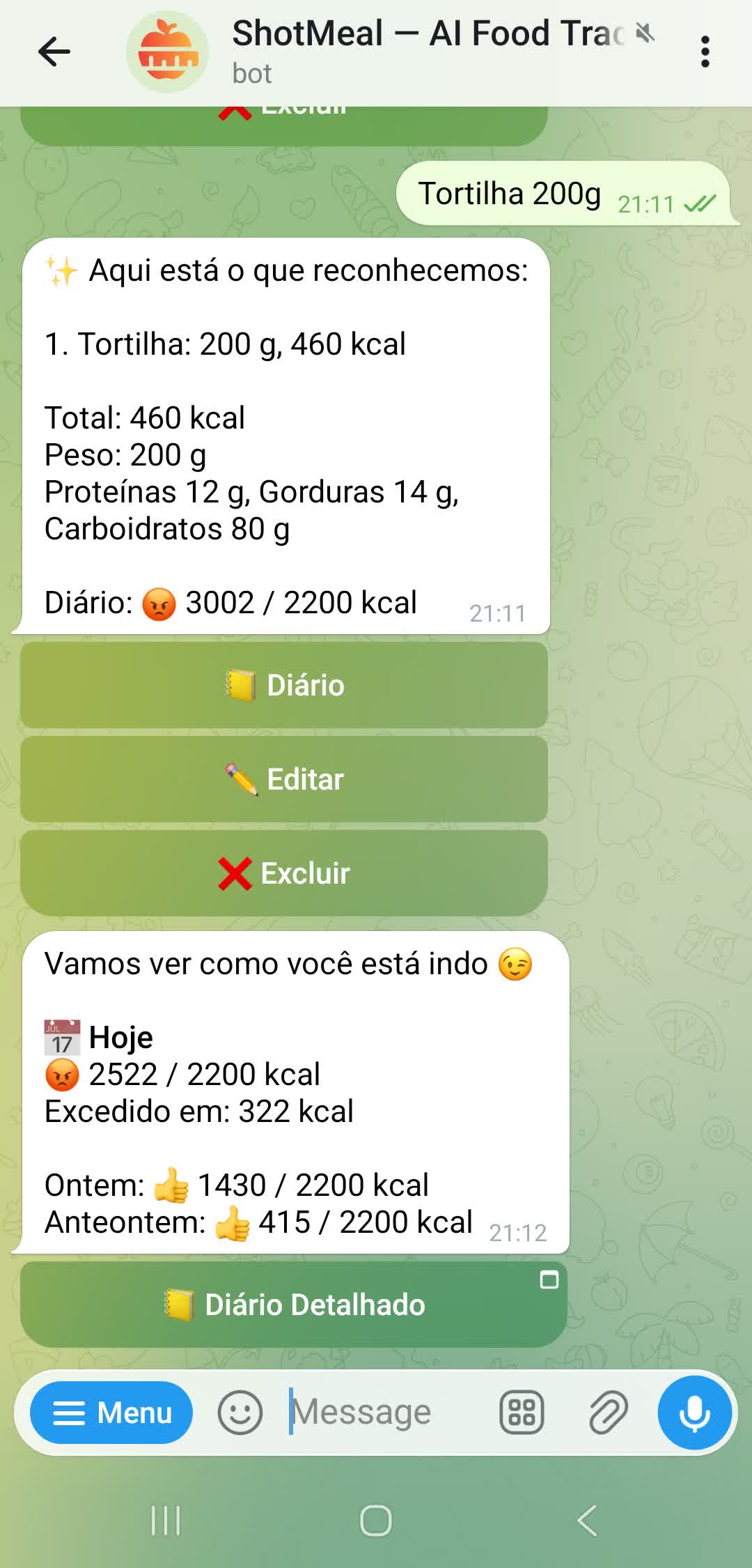 Diario alimentar rapido — veja as calorias do dia