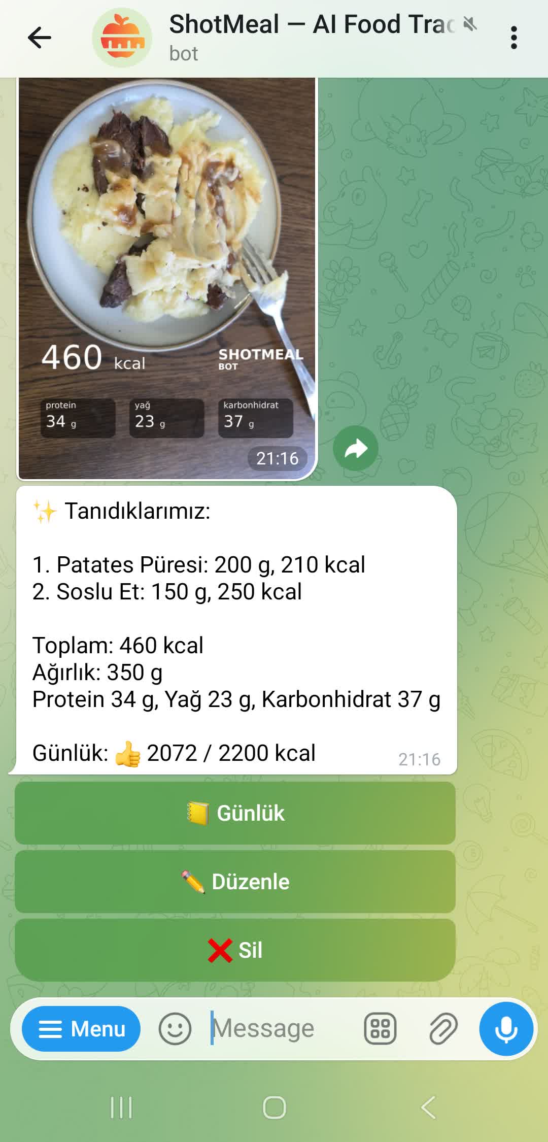 ShotMeal Telegram botunda fotoğraftan kalori tanima