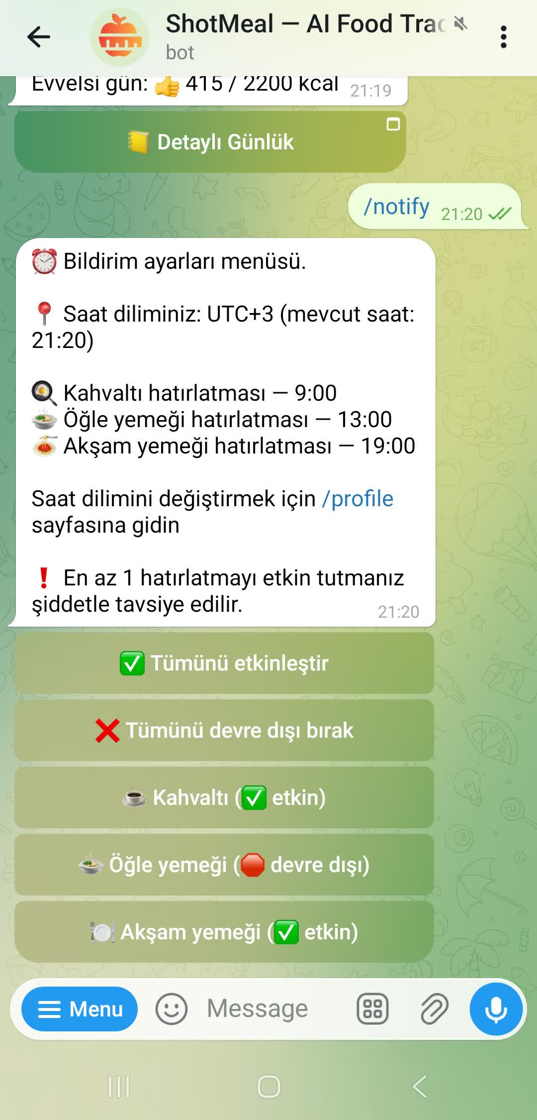 Öğün hatirlatic ayarlari