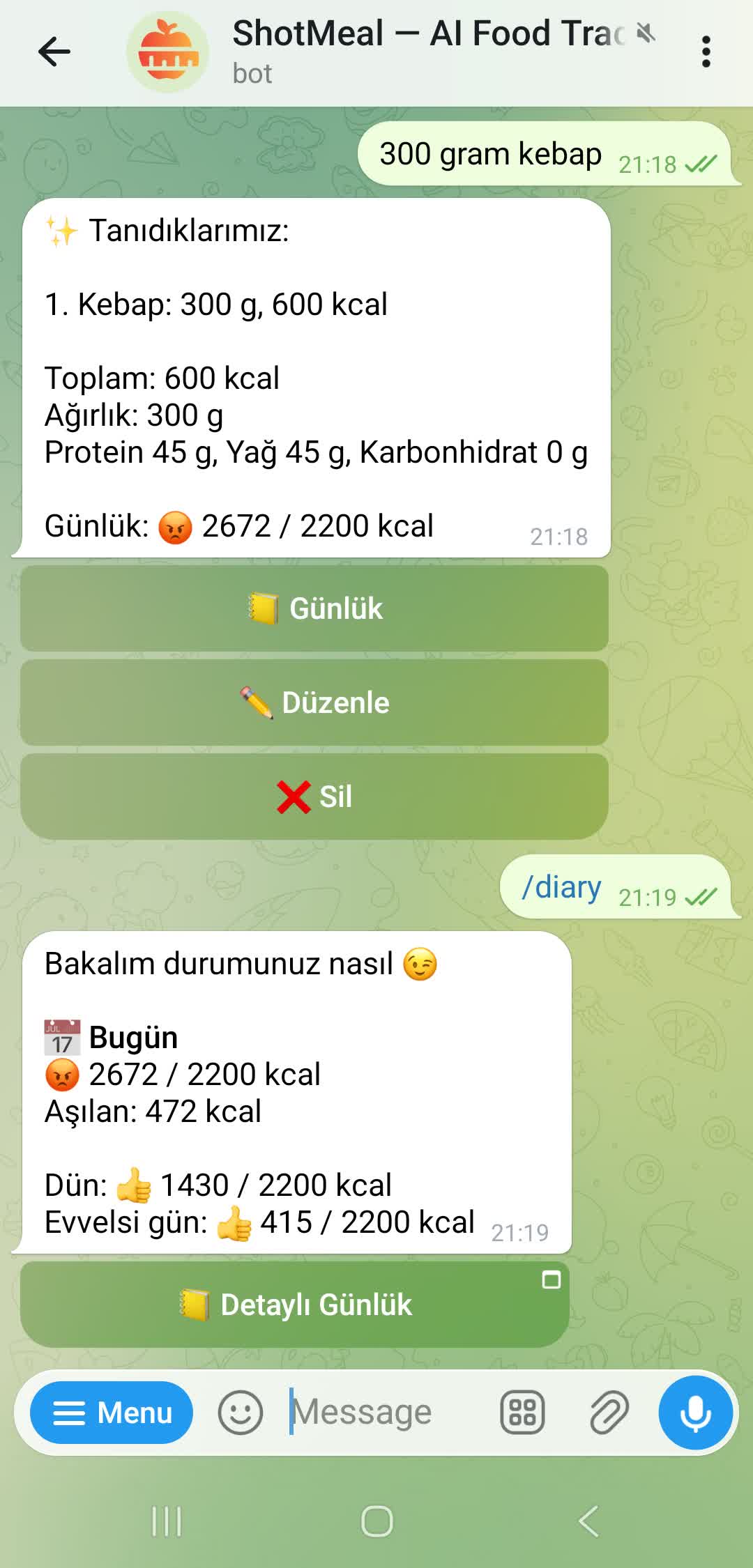 Hizli beslenme günlüğü — günlük kalorileri görüntüleme