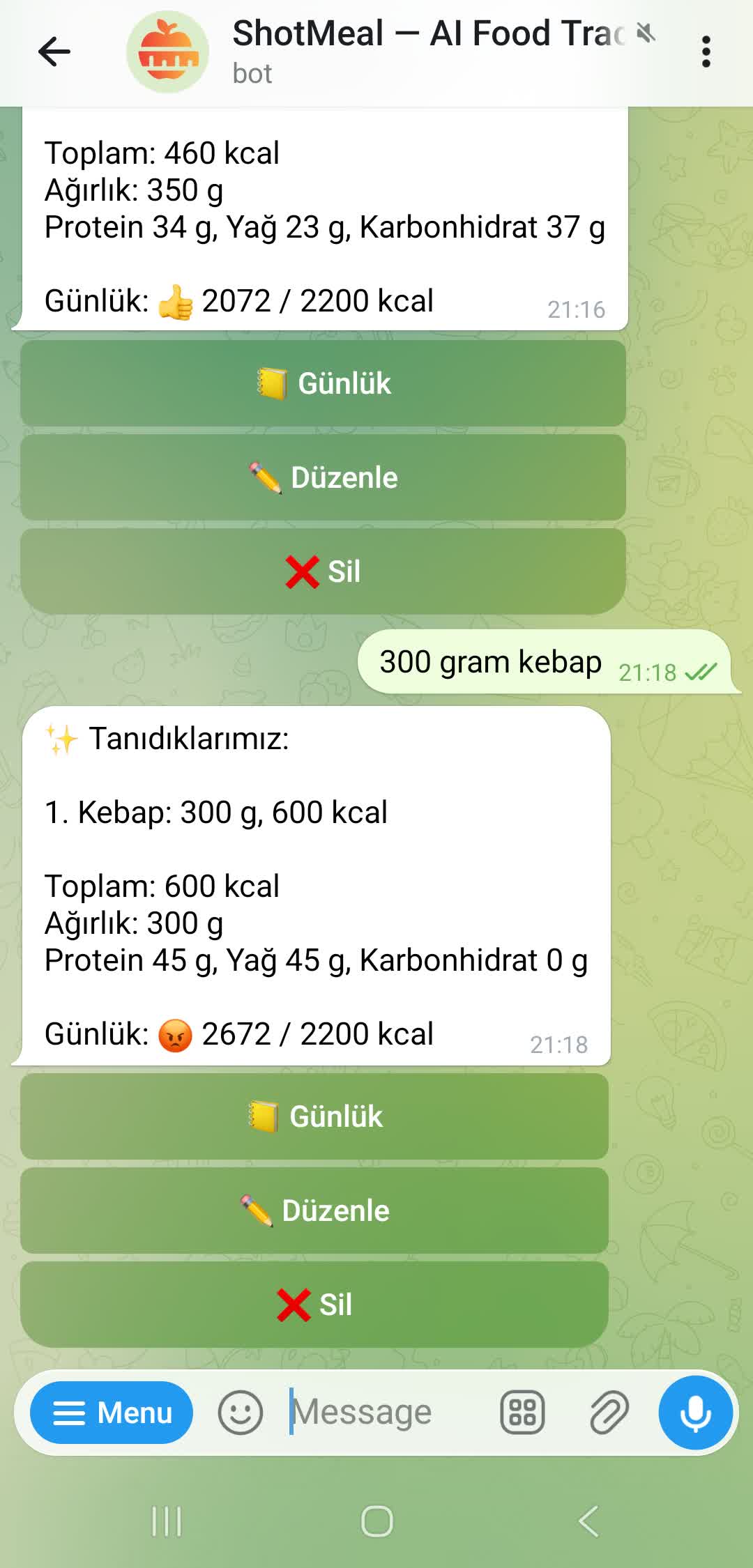 Metin açiklamasindan kalori tanima